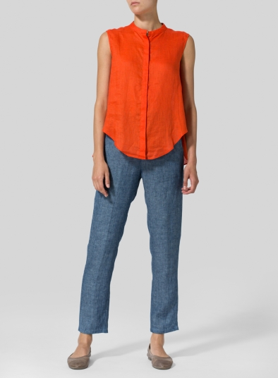 Linen A-line Sleeveless Top with Mandarin Collar