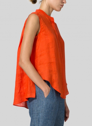 Linen A-line Sleeveless Top with Mandarin Collar