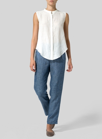 Linen A-line Sleeveless Top with Mandarin Collar