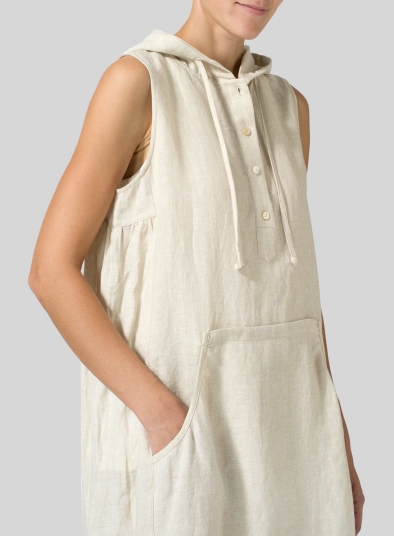 Linen Sleeveless Hoodie Long Tunic