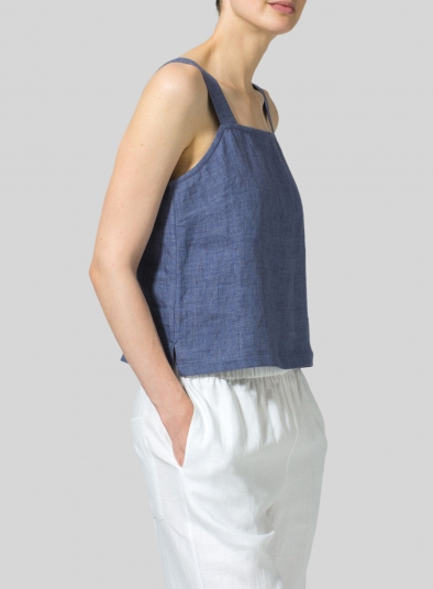 Linen Square Neckline Button-Back Straight Short Tank