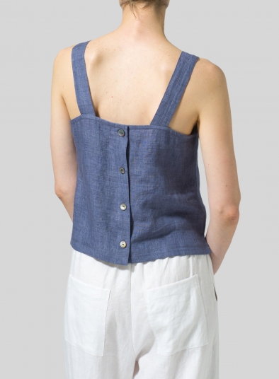 Linen Square Neckline Button-Back Straight Short Tank