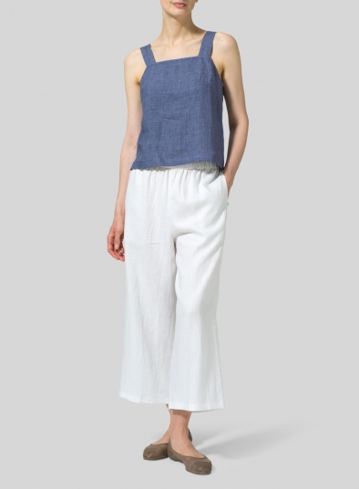 Linen Square Neckline Button-Back Straight Short Tank