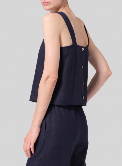 Linen Square Neckline Button-Back Straight Short Tank