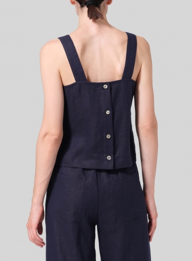 Linen Square Neckline Button-Back Straight Short Tank