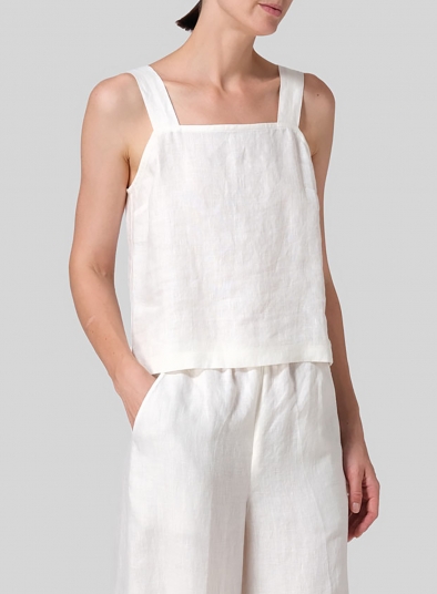 Linen Square Neckline Button-Back Straight Short Tank