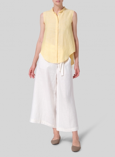 Linen A-line Sleeveless Top with Mandarin Collar