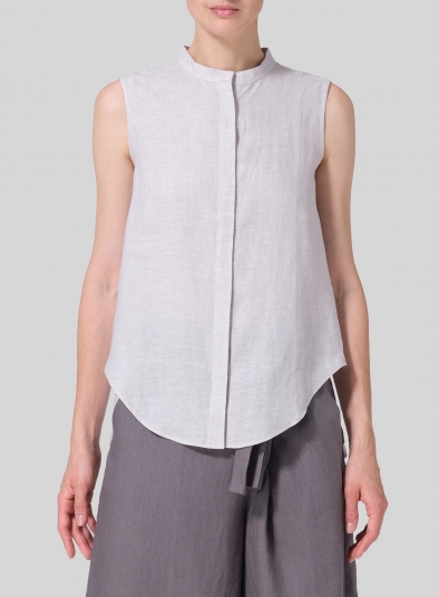Linen A-line Sleeveless Top with Mandarin Collar