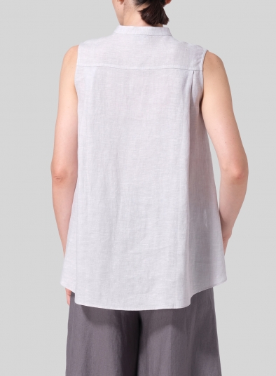 Linen A-line Sleeveless Top with Mandarin Collar