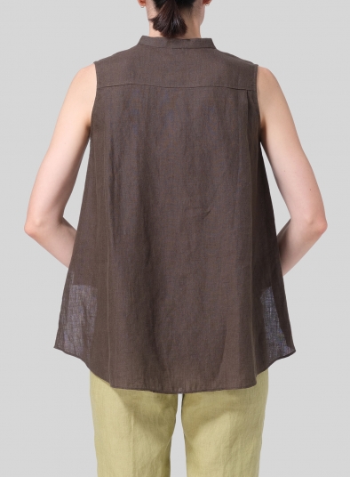 Linen A-line Sleeveless Top with Mandarin Collar