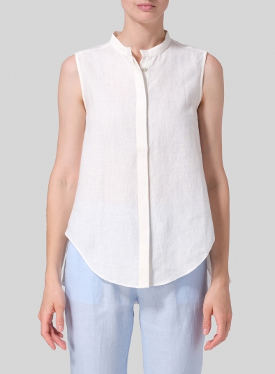 Linen A-line Sleeveless Top with Mandarin Collar