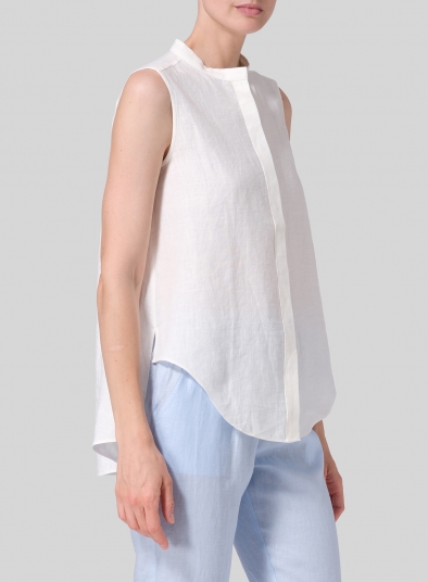 Linen A-line Sleeveless Top with Mandarin Collar