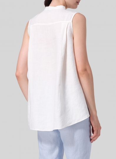 Linen A-line Sleeveless Top with Mandarin Collar