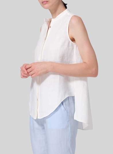 Linen A-line Sleeveless Top with Mandarin Collar