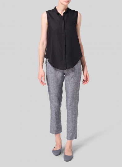 Linen A-line Sleeveless Top with Mandarin Collar