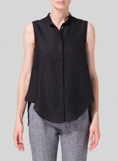 Linen A-line Sleeveless Top with Mandarin Collar