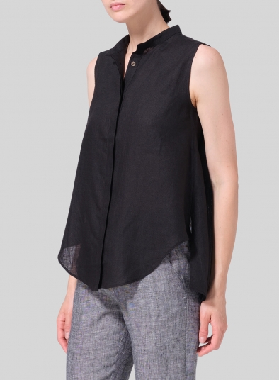 Linen A-line Sleeveless Top with Mandarin Collar