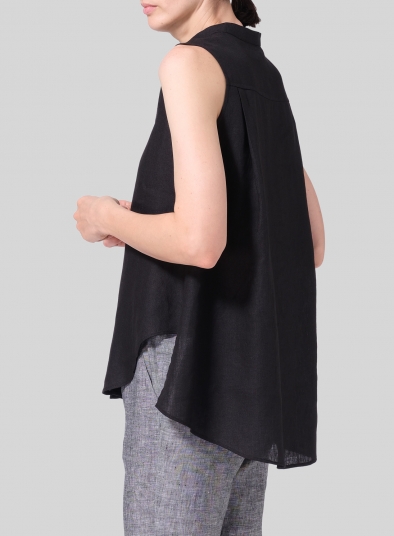Linen A-line Sleeveless Top with Mandarin Collar