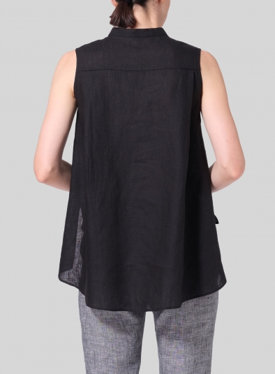 Linen A-line Sleeveless Top with Mandarin Collar