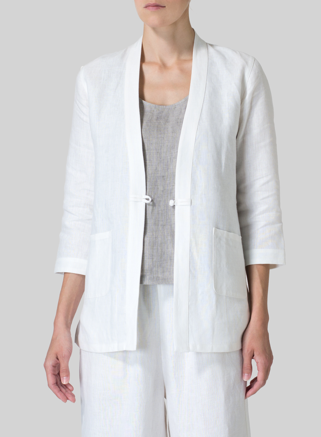 White Linen Handmade Knot Button Tapered Jacket