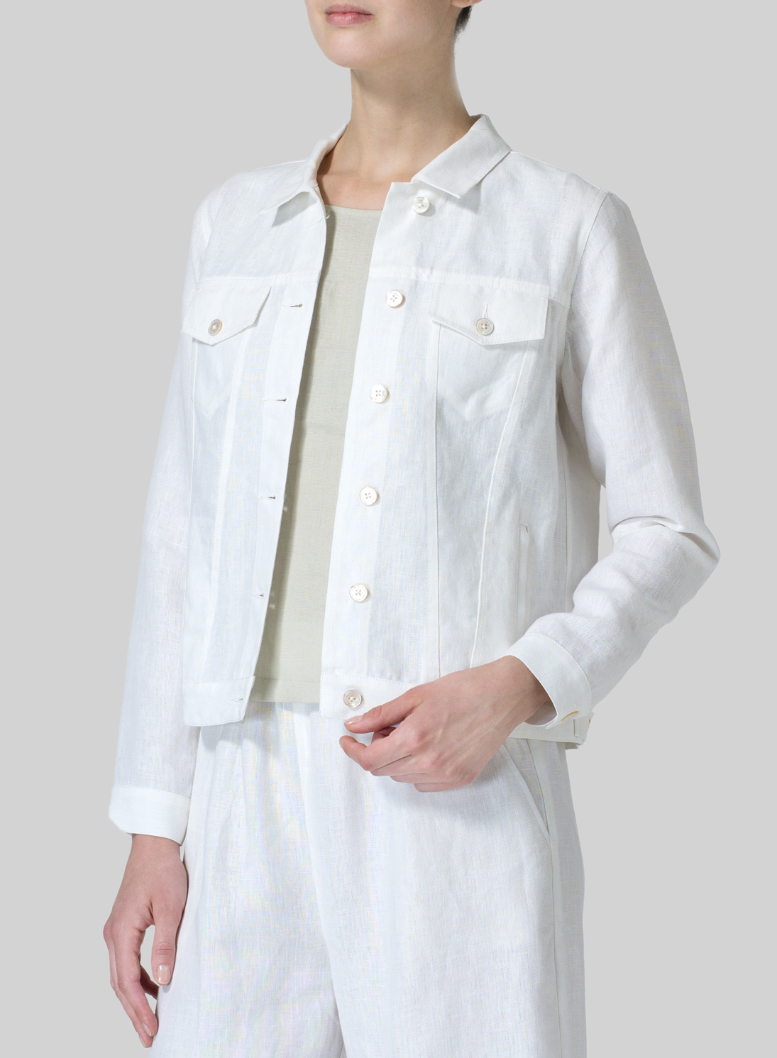 White Linen Button Front Cropped Jacket