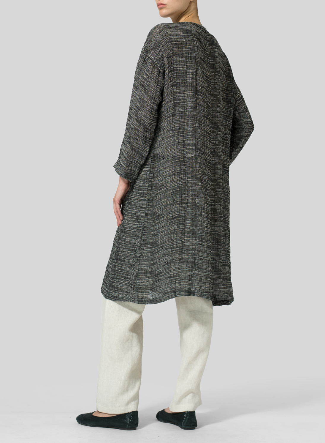 Linen Blend Stripe Long Jacket - Plus Size