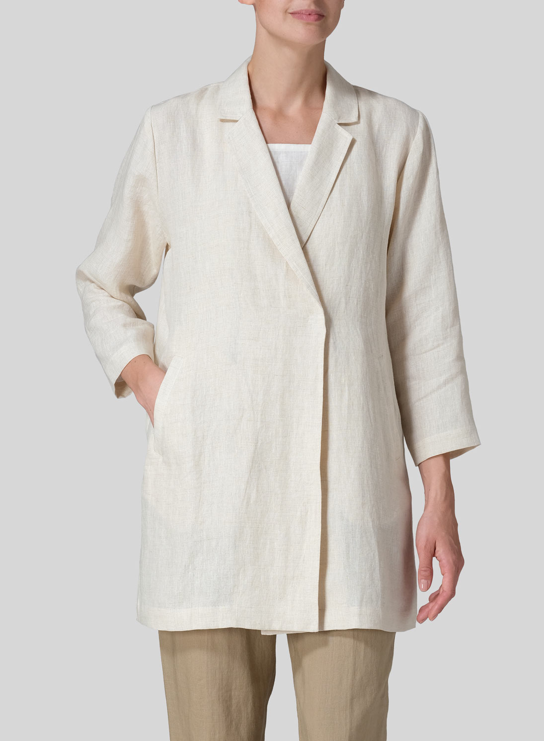 Linen Notch Lapel Hidden-Button Blazer