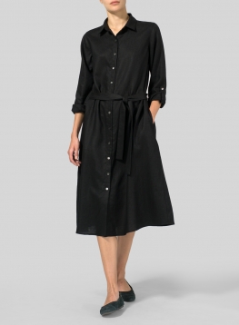 Linen Long-Sleeve Waist-Tie Dress