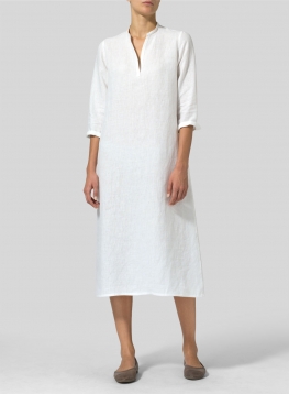 Linen V-neck Mandarin Collar Dress Tunic