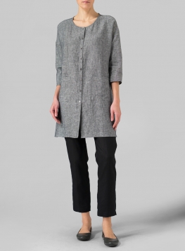 Linen Round Neck Button Front Top