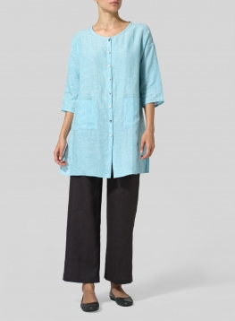 Linen Round Neck Button Front Top