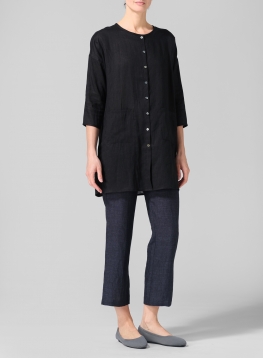Linen Round Neck Button Front Top