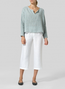 Linen V-neck Checker Boxy Top