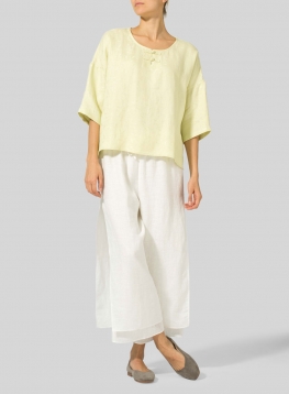 Linen Handmade Knot Button Patterned Top