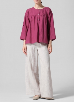 Linen Loose Fit Roll-Tab Sleeve Pleated Blouse