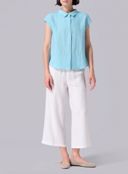 Linen Collared Neckline Cap Sleeves Top