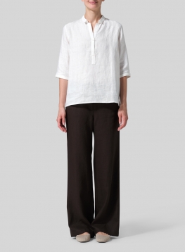 Linen Simple Top with Small Shirt Collar