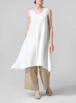Linen Sleeveless Crumple Effect Long Blouse