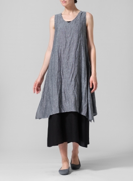 Linen Sleeveless Crumple Effect Long Blouse
