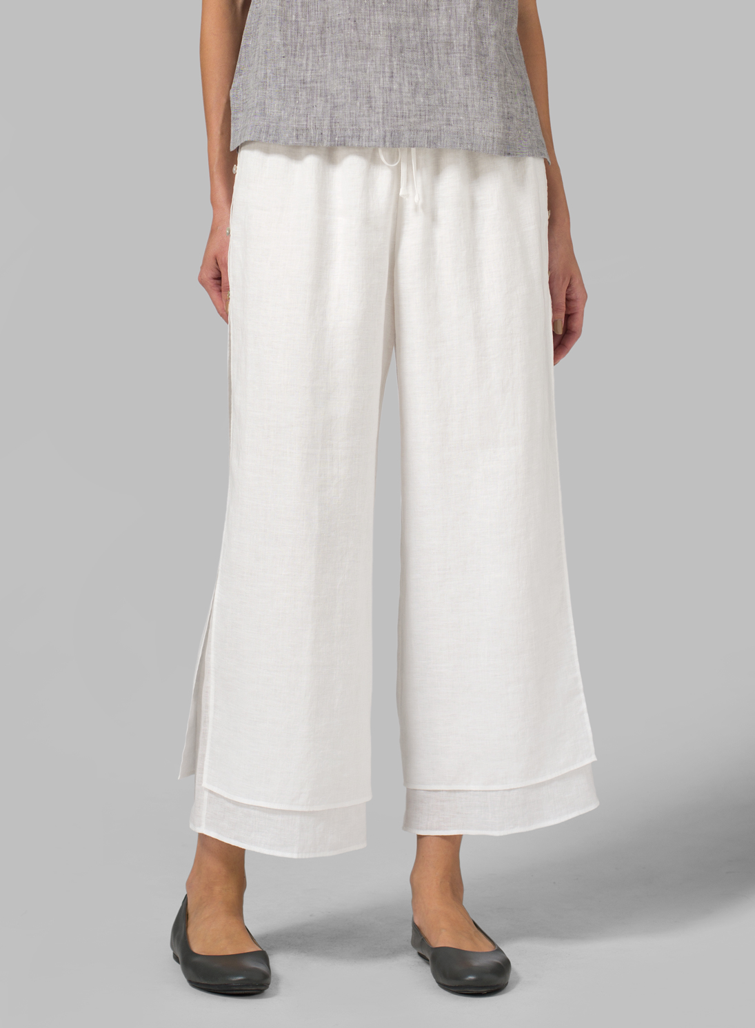 Linen Double-Layer Cropped Pants With Sea Shell Button - Plus Size