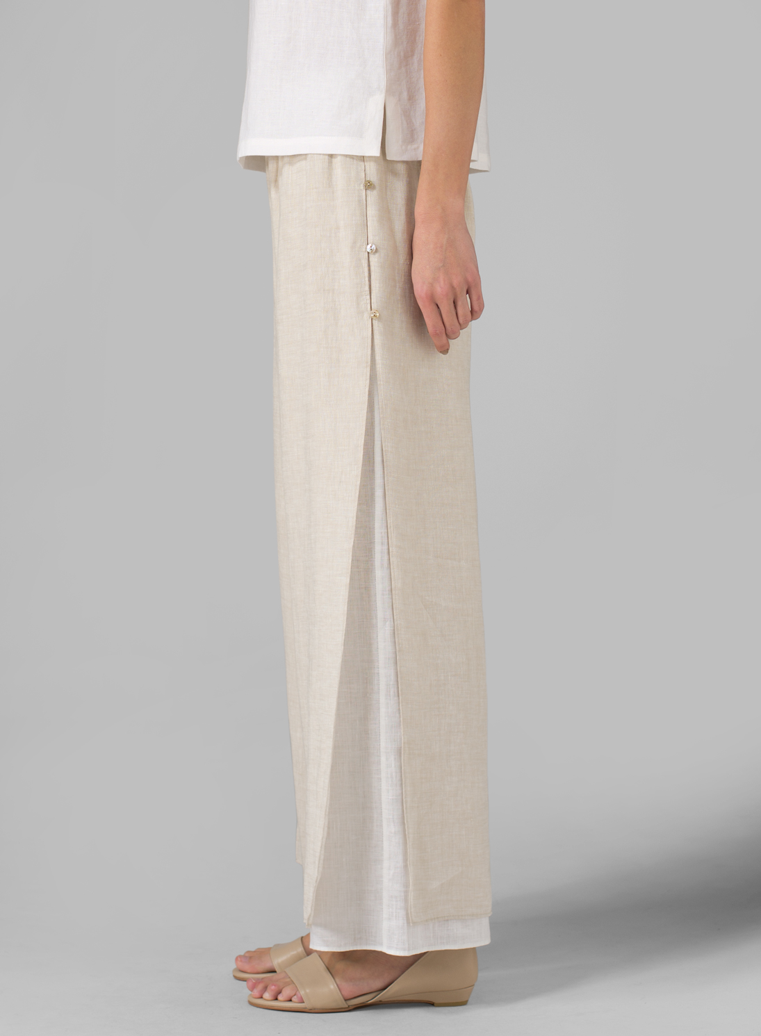 Linen Double Layers Pants With Sea Shell Button Plus Size