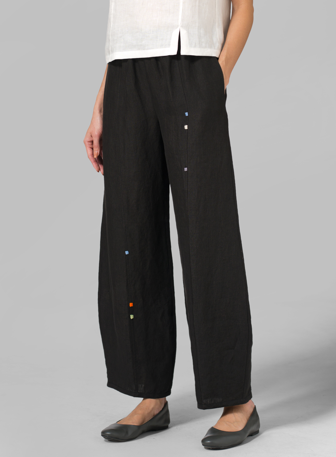 Linen Embroidered Ankle Length Pants - Plus Size