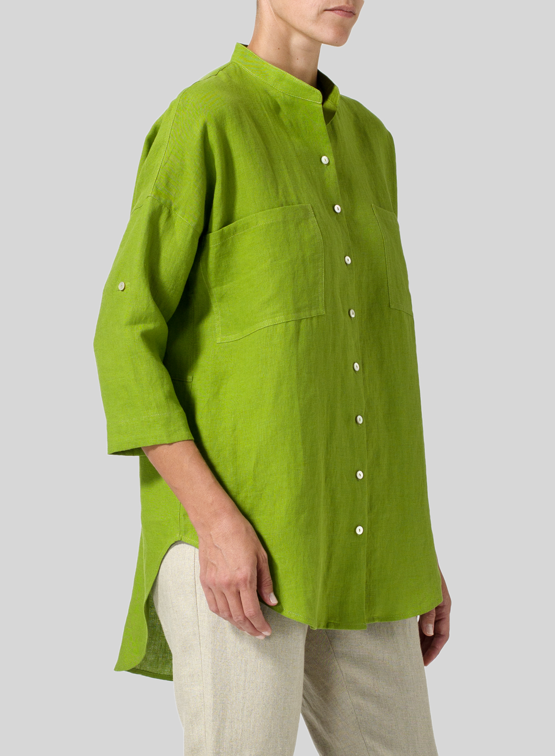 European Linen Long Sleeve Blouse with Mandarin Collar 18181