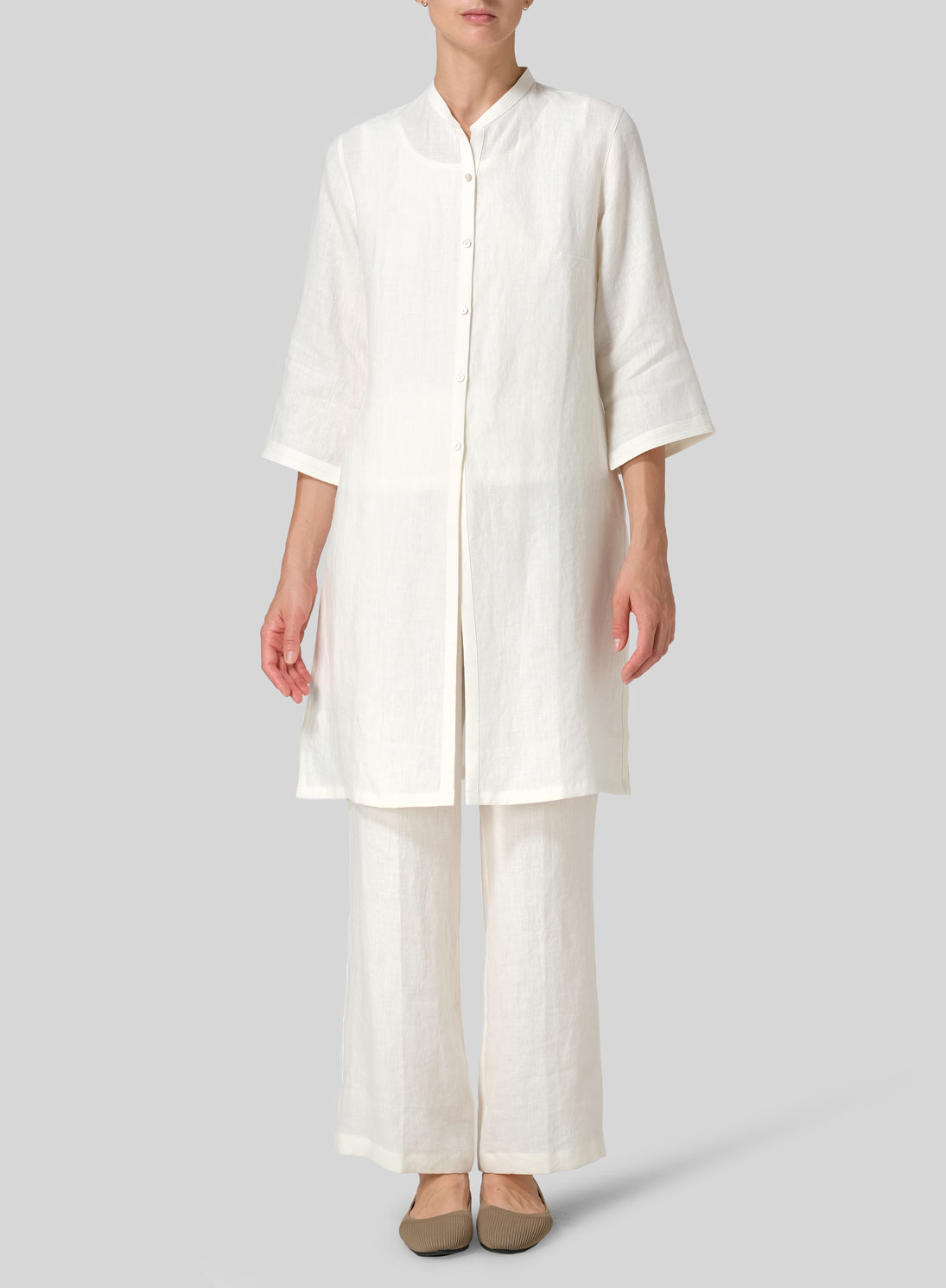 Linen Mandarin Collar Simple Long Blouse