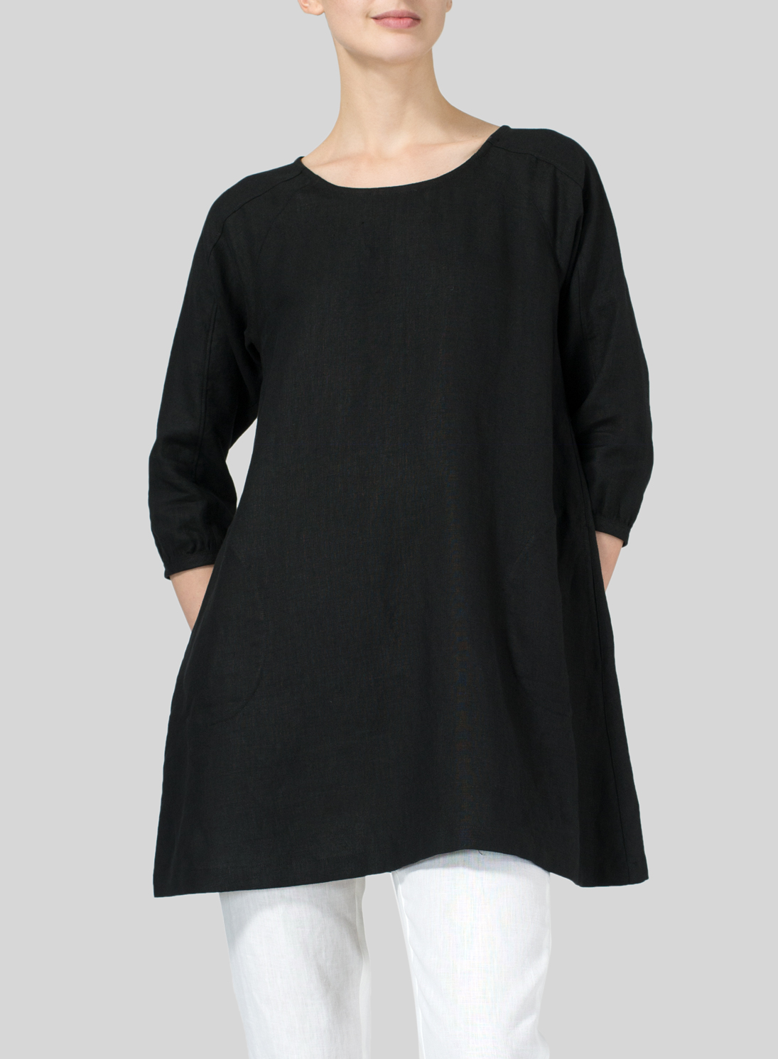 Black Linen Elbow Sleeve Tunic