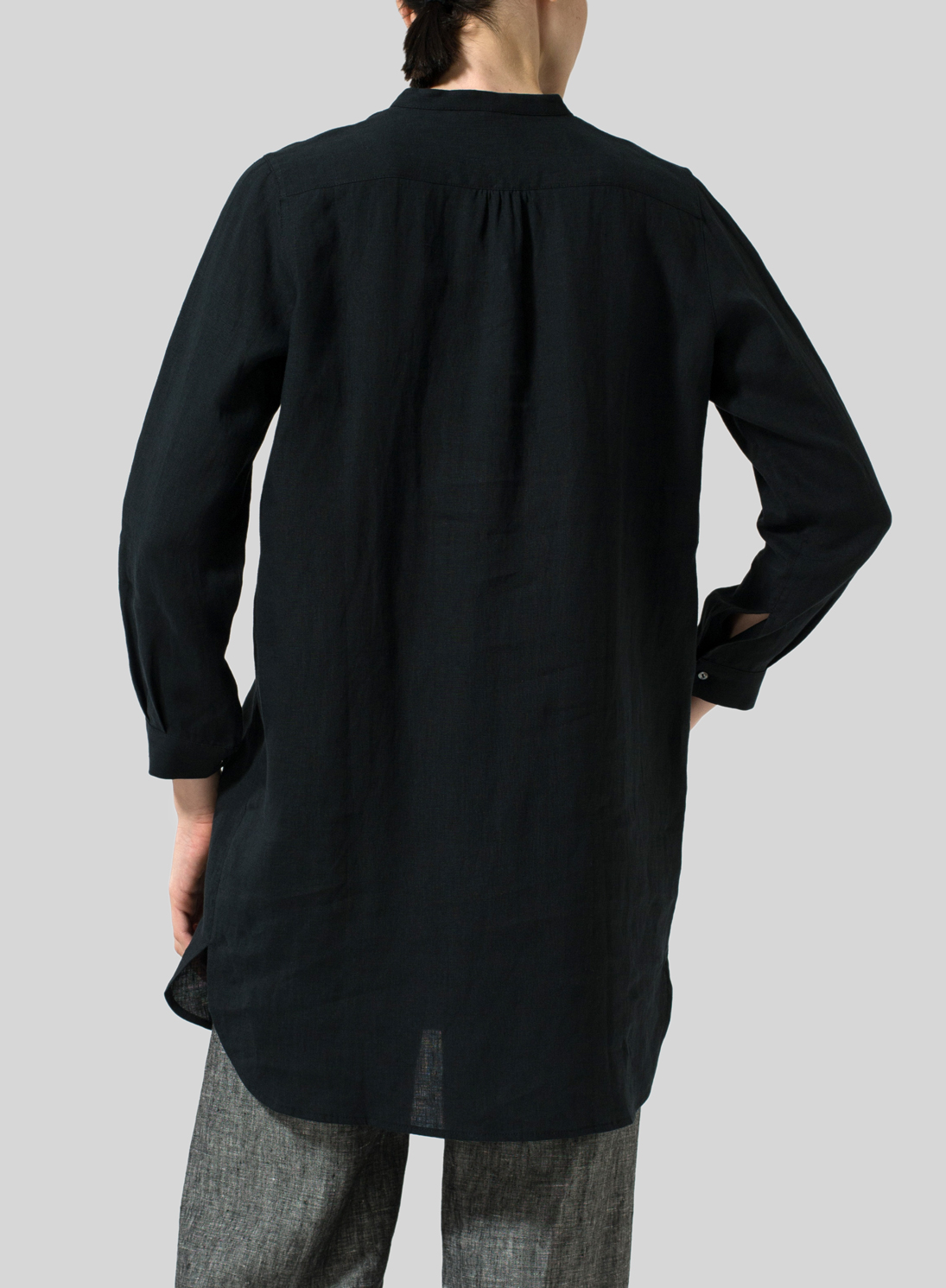 Black Linen Tuxedo Front Long Blouse
