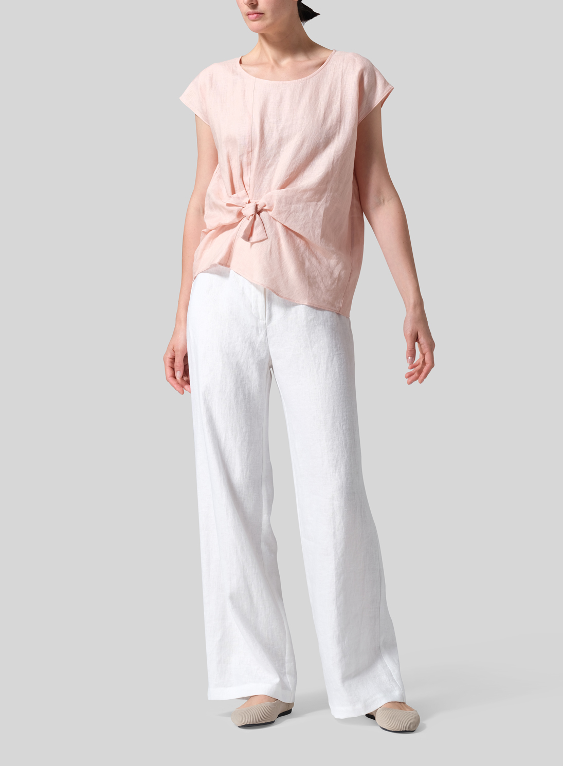 Linen Waist Self-tied Ribbon Top - Plus Size
