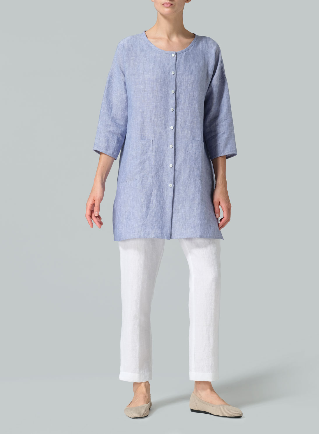 Linen Round Neck Button Front Top