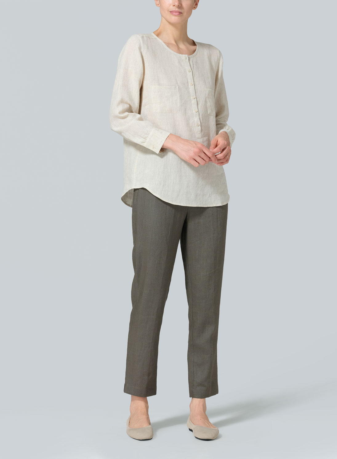 Linen Round Neck Long Sleeve Shirt