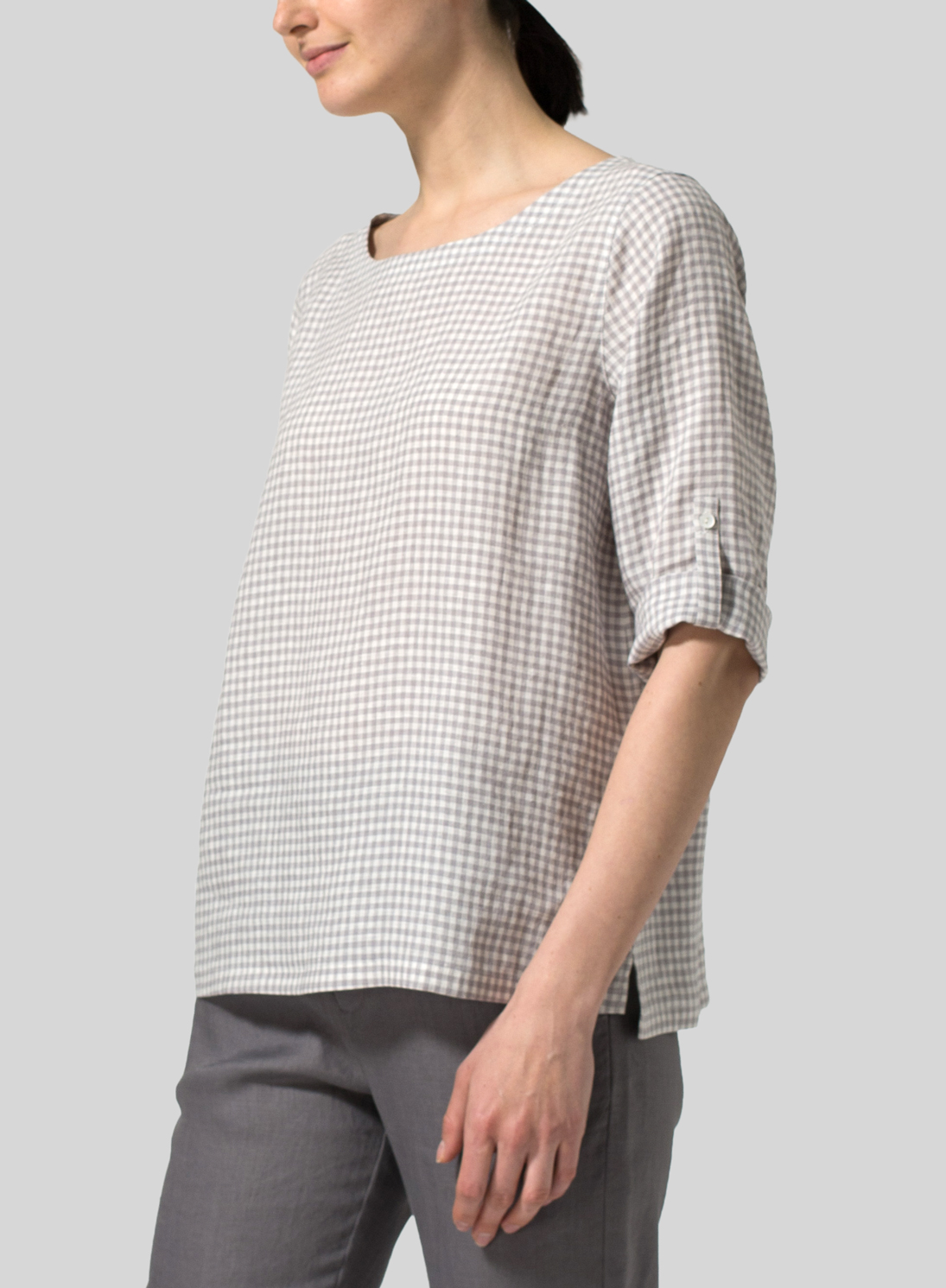 Gray White Check Linen Boat Neck Threequarter Sleeve Top